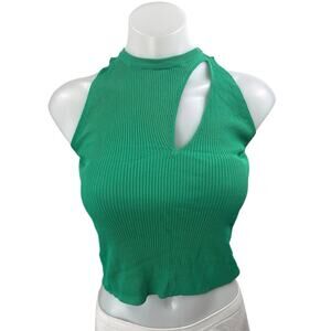 Zara Women's Green Rib Knit Cutout Sleeveless High Neck Raceback Crop Tank Top S